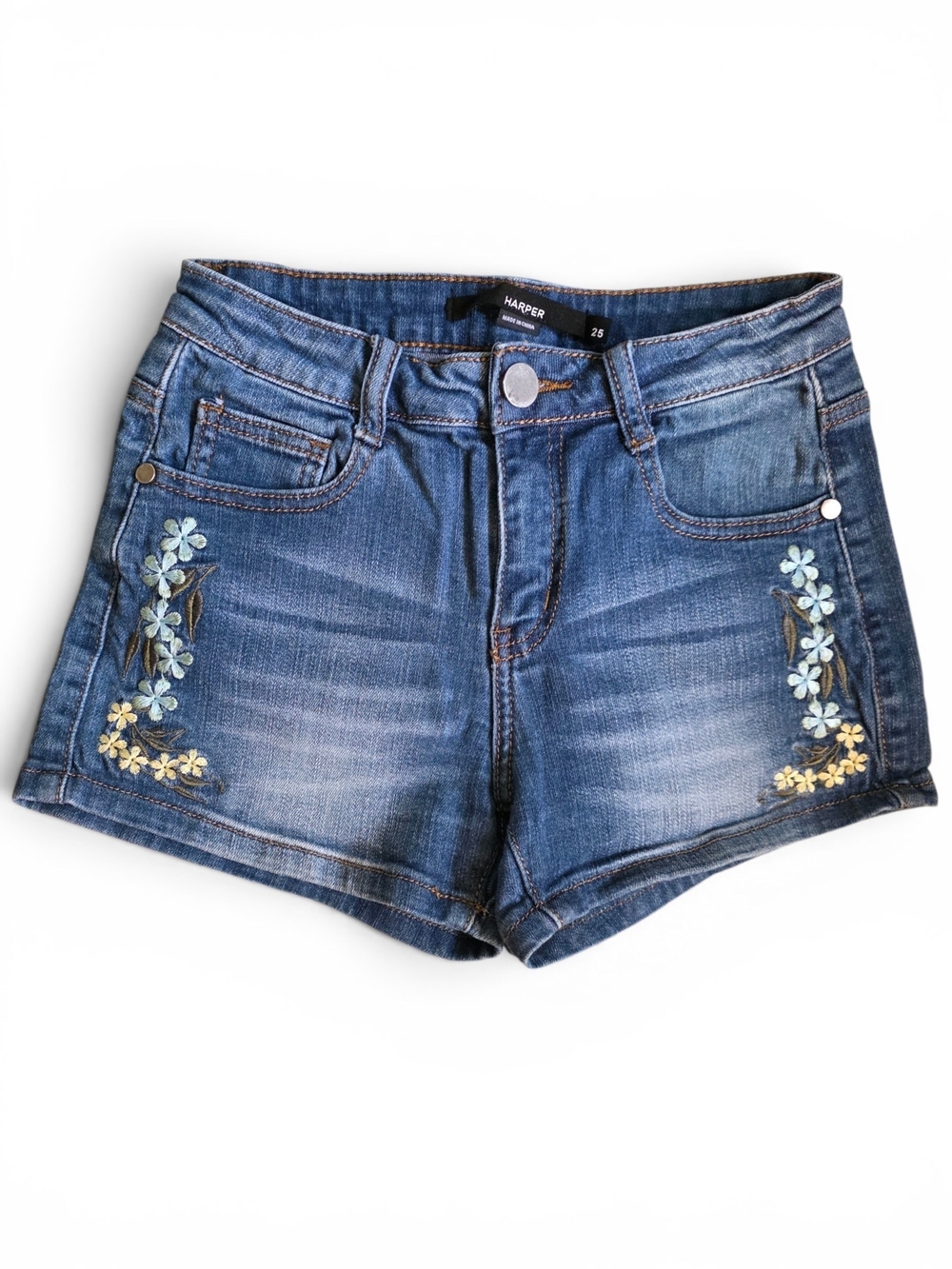 Harper Blue Denim Shorts with Floral Embroidery Size 25